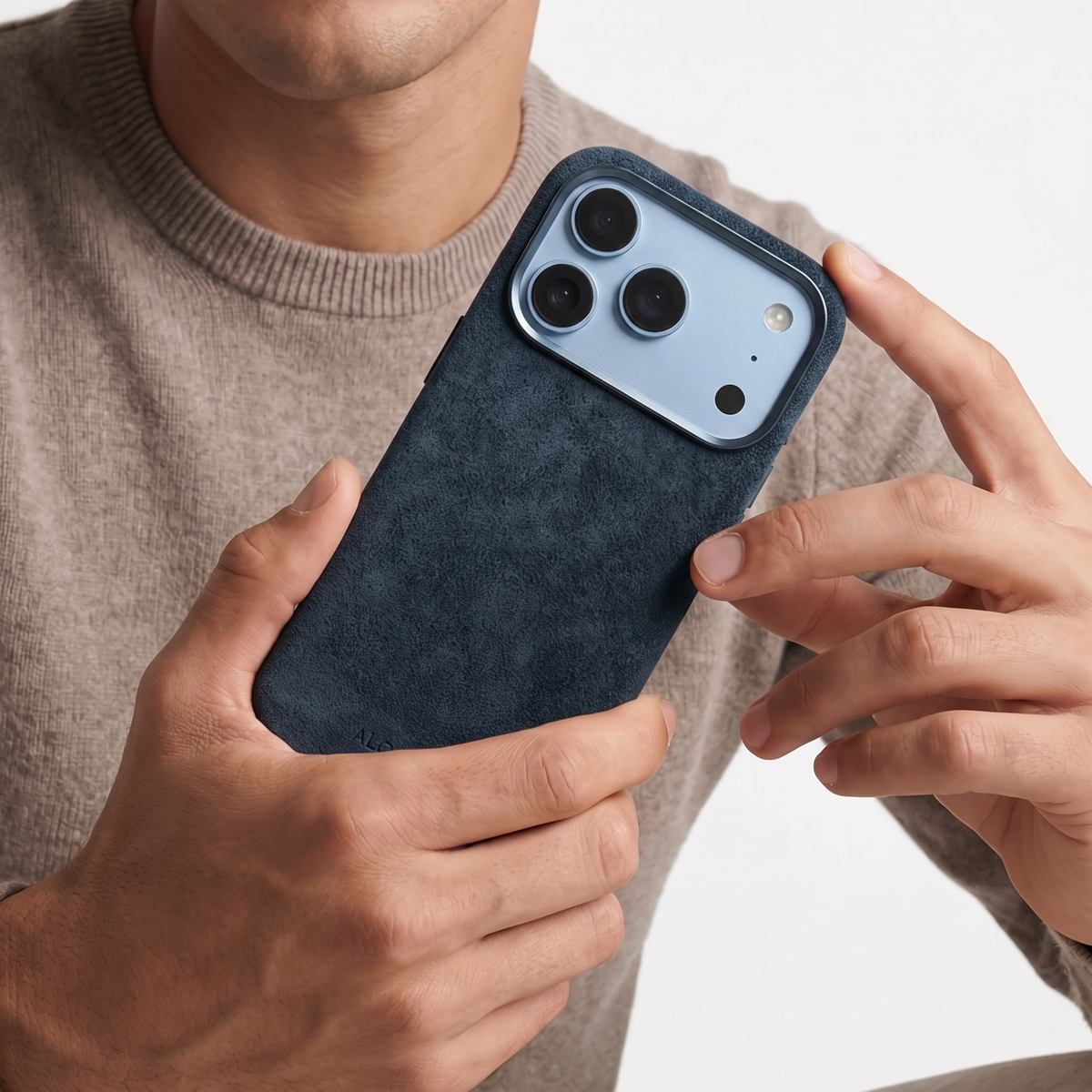 Navy Blue Alcantara case for iPhone 18 Pro held in hands #iPhone model:_iPhone 18 Pro|iPhone 18 Pro Max