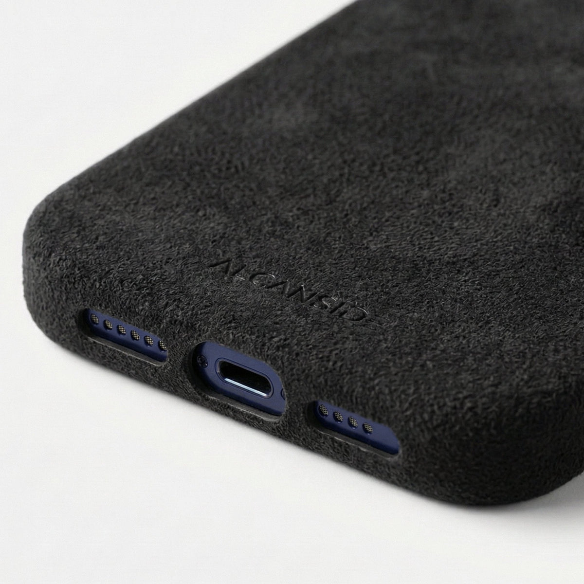Deep Black Alcantara iPhone 18 Pro Max case bottom detail