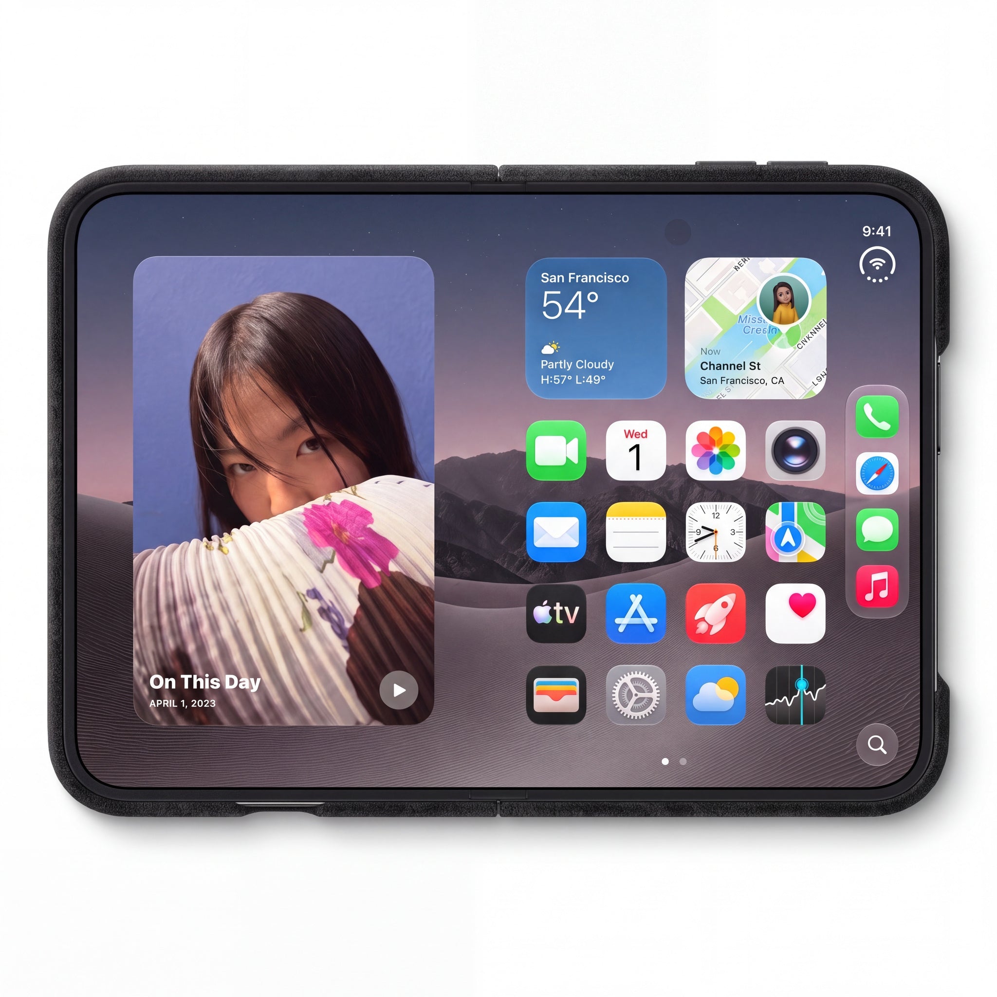 Deep Black Alcantara case for iPhone Duo, opened at the inner display