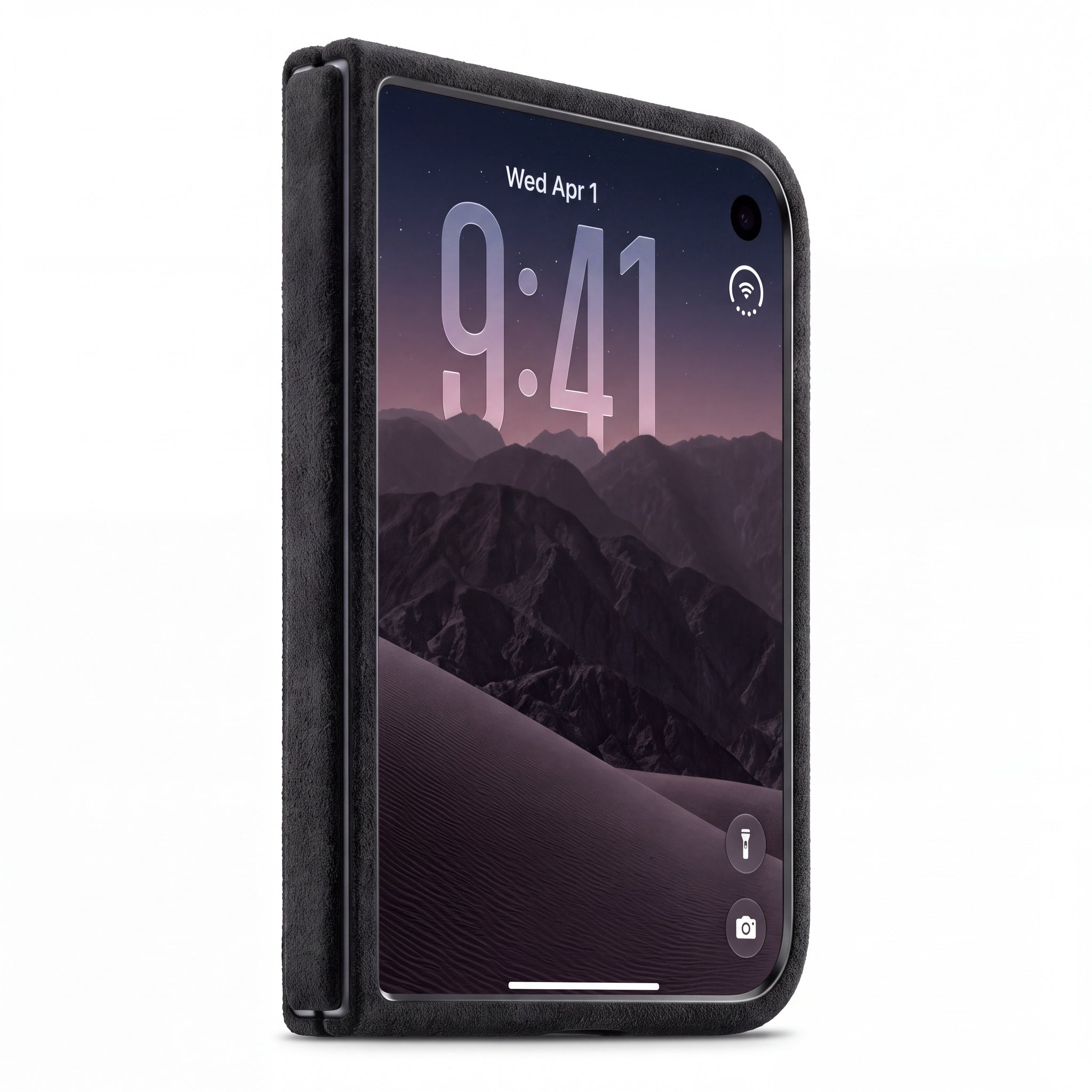 Deep Black Alcantara case for iPhone Duo, outer display