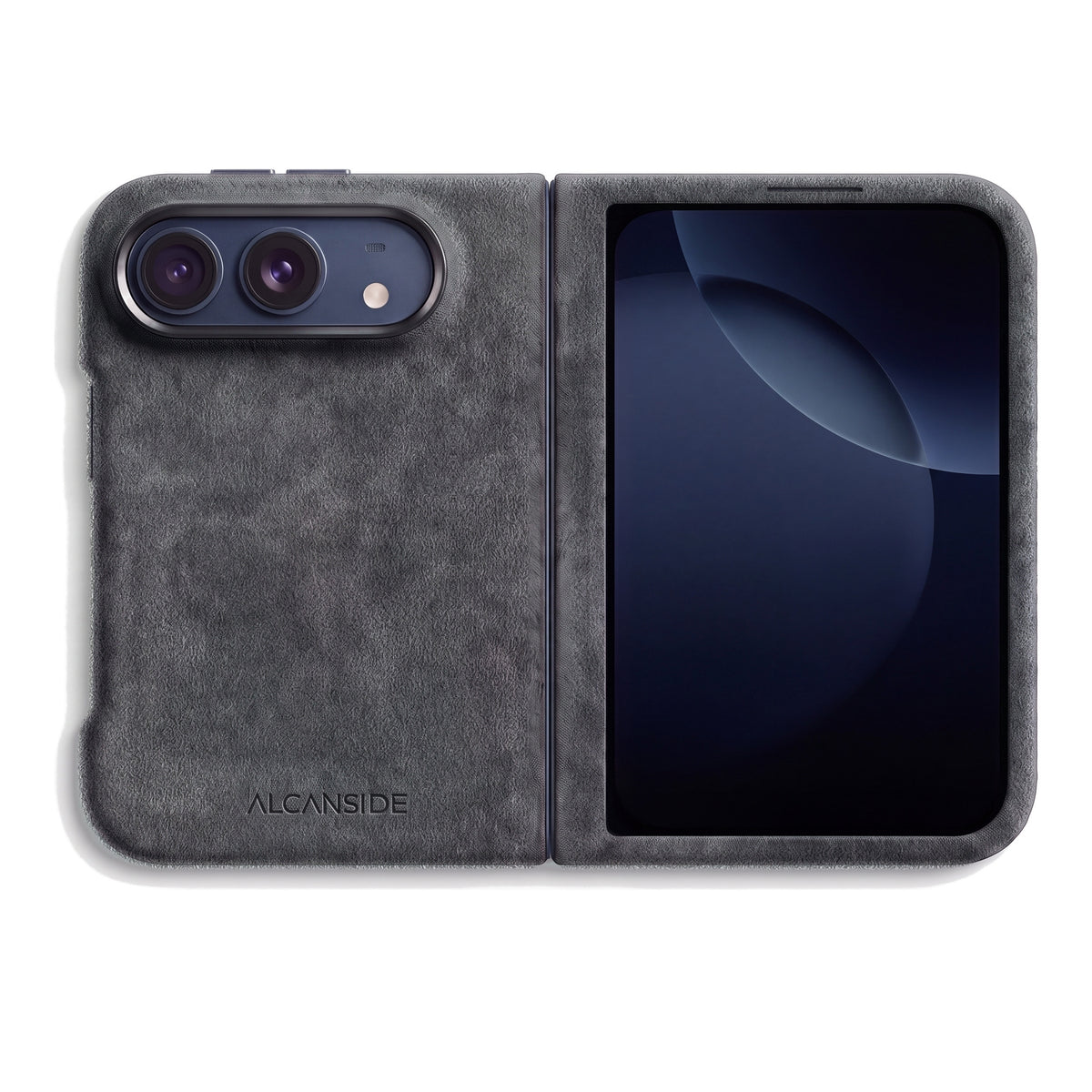 Space Grey Alcantara case for iPhone Duo, unfolded, back with the camera