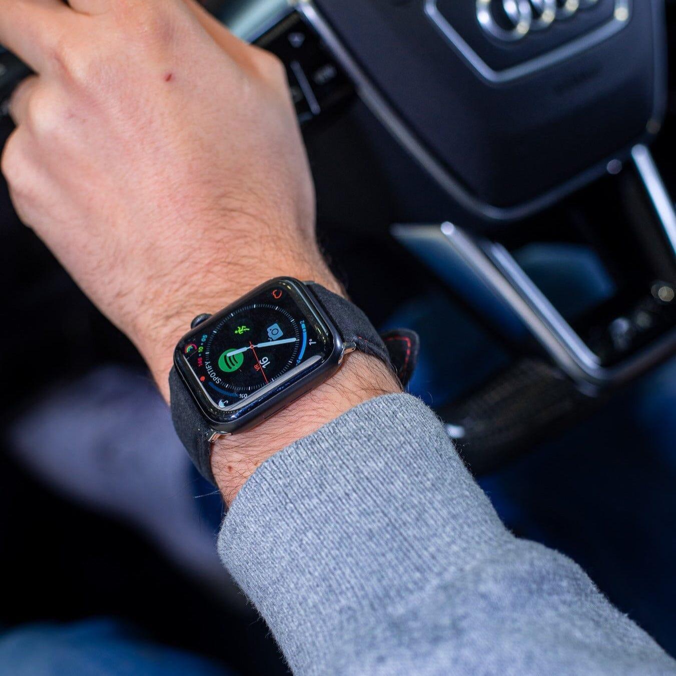 Alcantara Apple Watch Band With Buckle - Space Grey With Red Stitching - 38/40/41mm - Alcanside