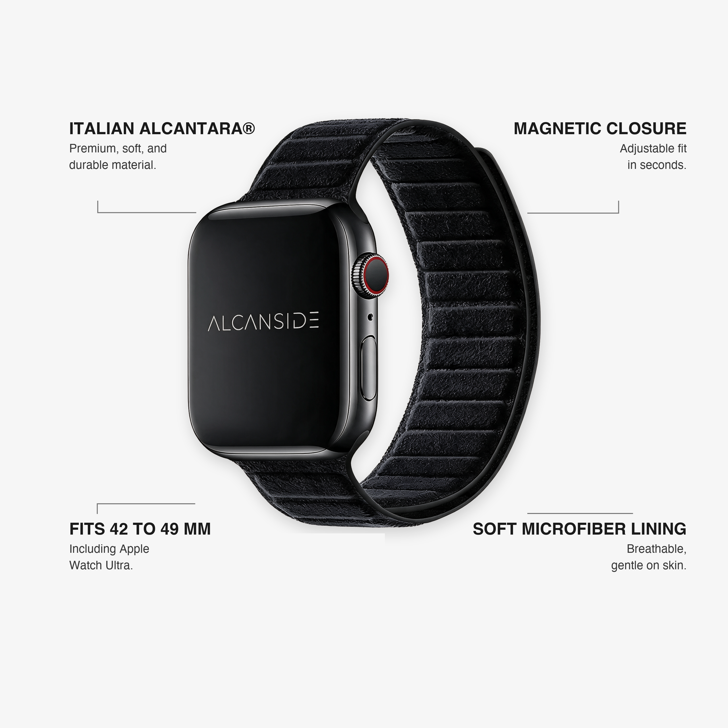 Alcantara Apple Watch Band - Deep Black - USP overzicht: Italiaans Alcantara, magnetische sluiting, past 42 tot 49mm en Ultra, zacht microvezel