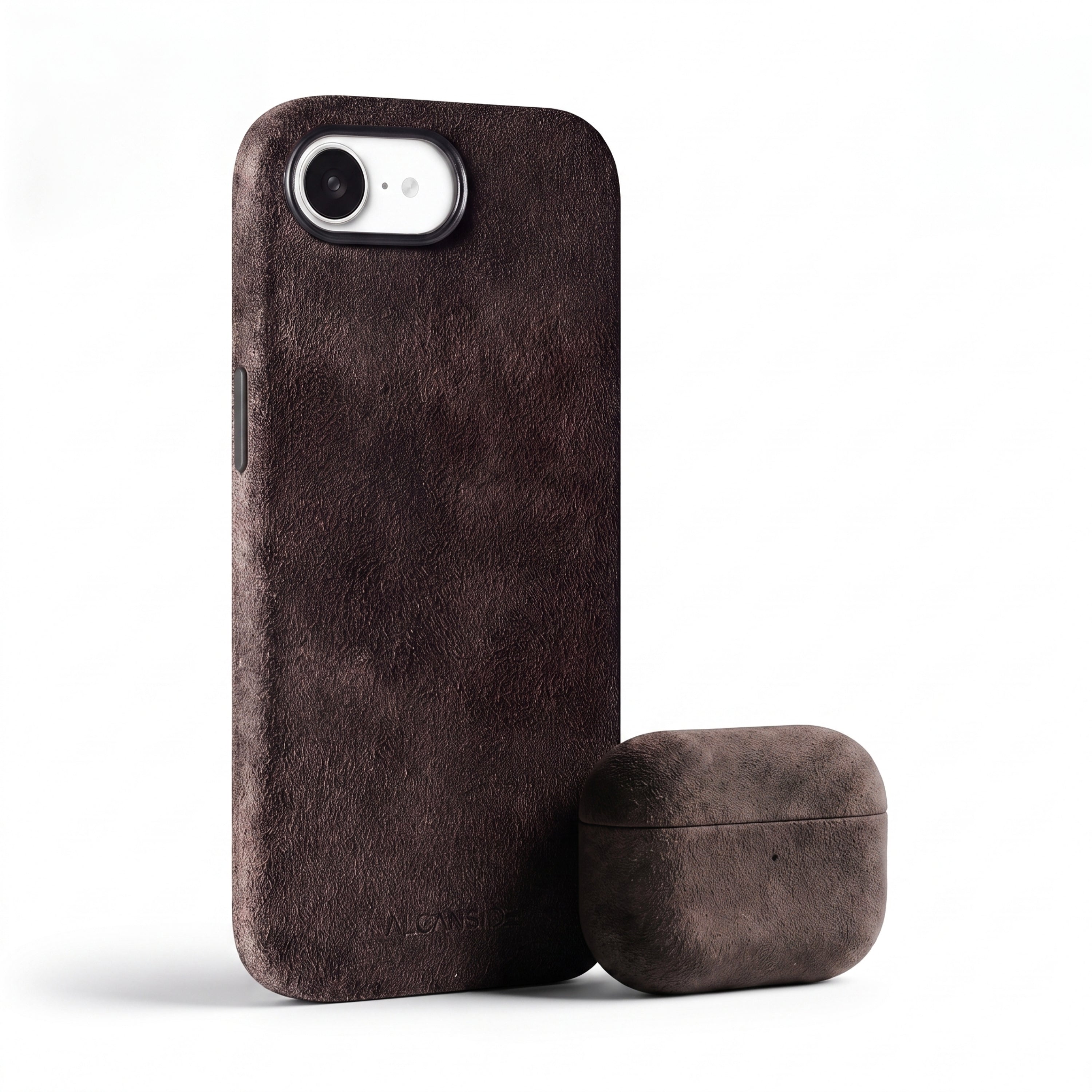 iPhone 16e Chocolate Brown Alcantara® Case with matching AirPods case