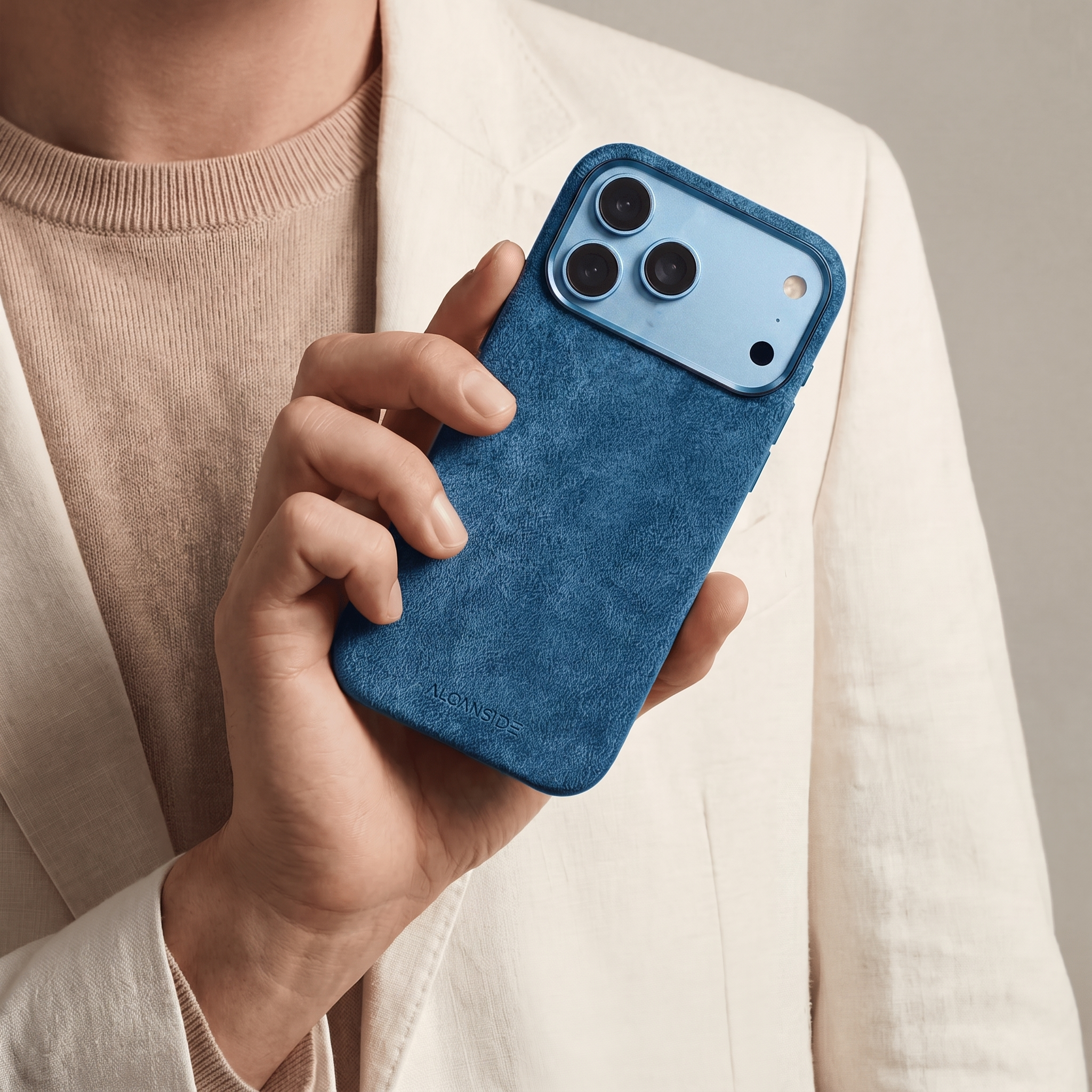Ocean Blue Alcantara case for iPhone 18 Pro held in hands