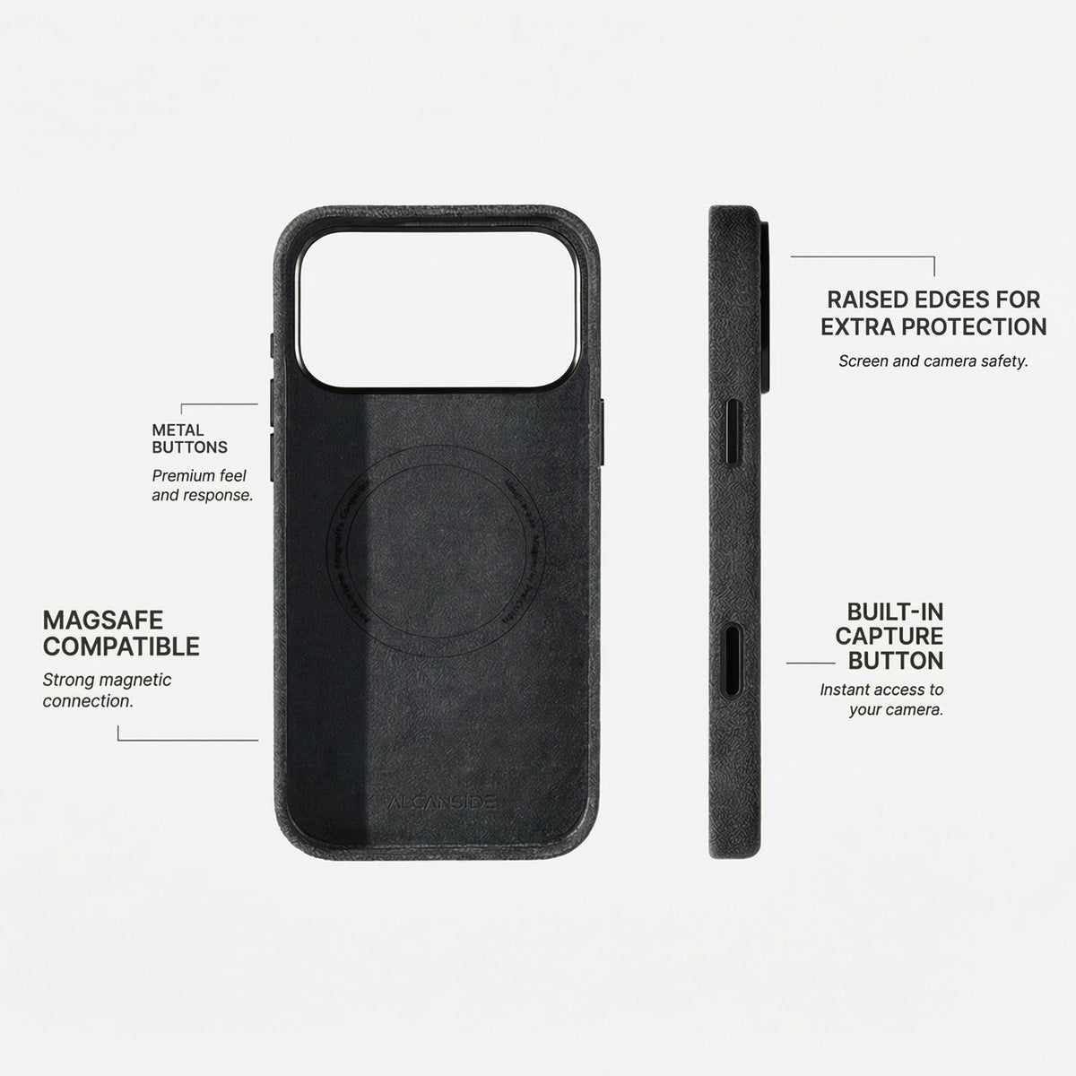 Alcantara iPhone 18 Pro Max case with MagSafe and metal buttons