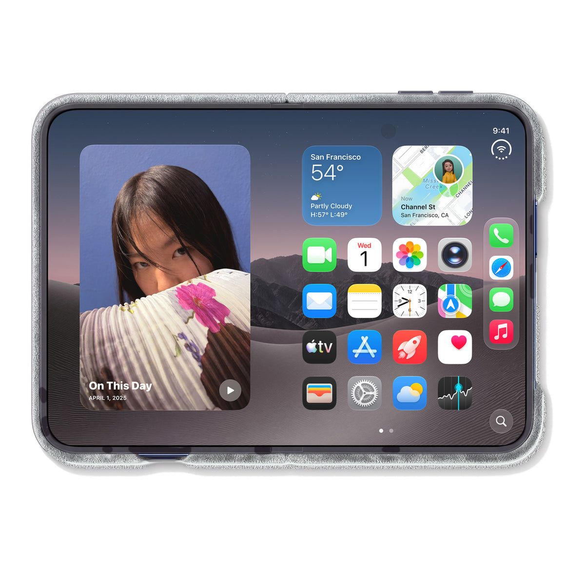 iPhone Duo unfolded in the Nardo Gray Alcantara case, inner display