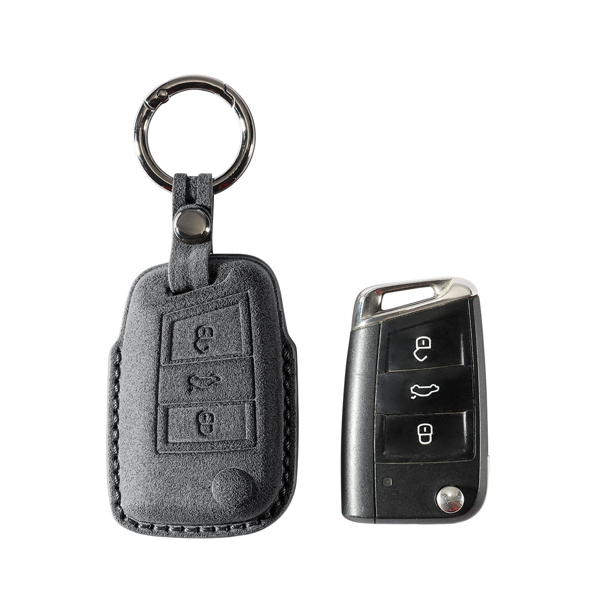 Alcantara Car Key Fob Cover for Volkswagen Model F with Buckle - Space Grey - with key